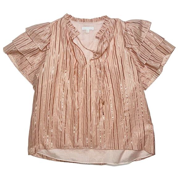 Anna Cate Collection Ruffle Sleeve Blouse Top Metallic Stripe Peach S/S Size M - Picture 1 of 4